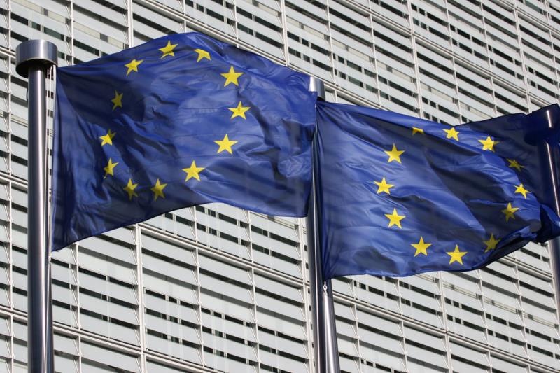 EU flages outside of EU Commission building 