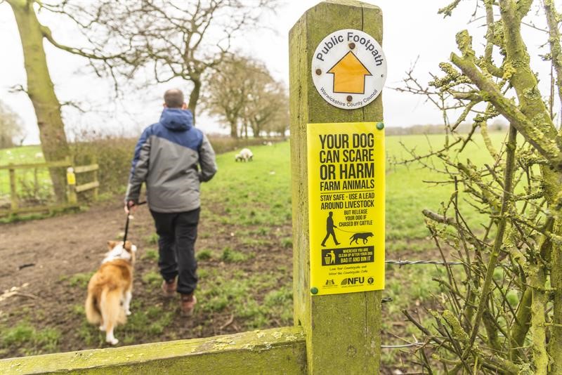 Dog walker with NFu Cymru sign in foreground