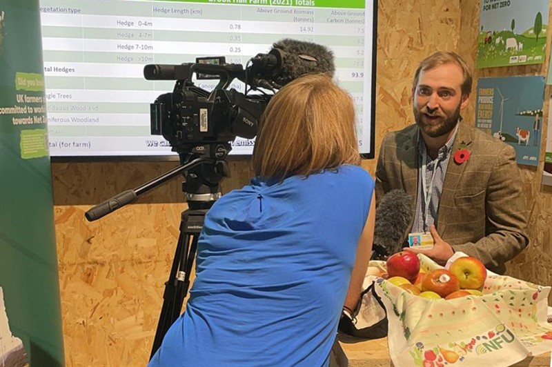 James Johnson, North East farming ambassador during an interview with ITV at NFU's stand during COP26 