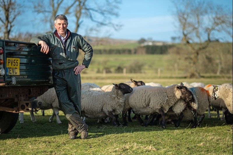 Mac Young leans against the back of his farm land rover, with his sheep flock and Northumberland countryside in the background
