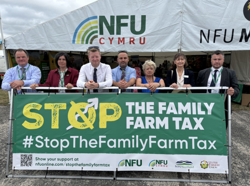 Pictured (L-R) are NFU Cymru Pembrokeshire County Chairman Maarten Davies; NFU Cymru Deputy President Abi Reader; NFU Cymru Crops Group Chairman Tom Rees; Carwyn Evans of RIVERLEA; Pembrokeshire dairy farmer Janet Cornock; Sian Bushell of Pembrokeshire Agricultural Society; and NFU Cymru County Adviser Aled Davies