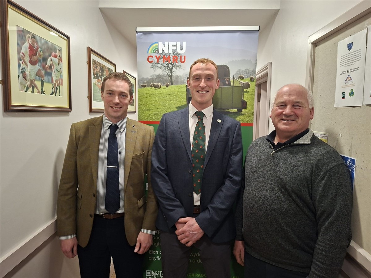 Pictured (L-R) is NFU Cymru County Adviser Ilan Jones, Gwion Parry and Alun Wyn Evans 