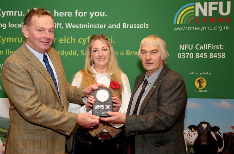 Pictured are Hedd Pugh, NFU Cymru Rural Affairs Board Chairman; Bryn Hughes, National Sheep & Beef Specialist at Wynnstay and Jessica Williams 