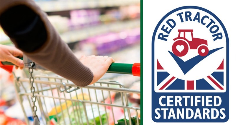 Person pushing trolley and the Red Tractor logo