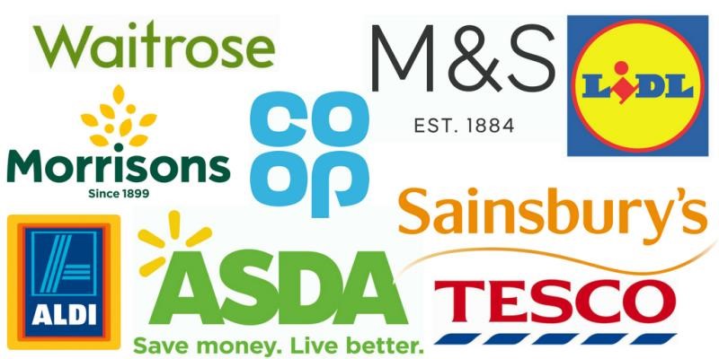 Multiple logos of UK supermarkets