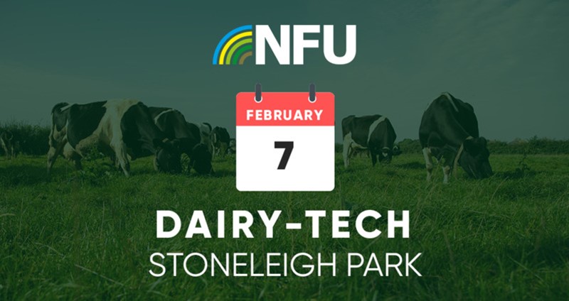 Dairy cows in a field - NFU Logo. February 7, Dairy-Tech, Stoneleigh Park