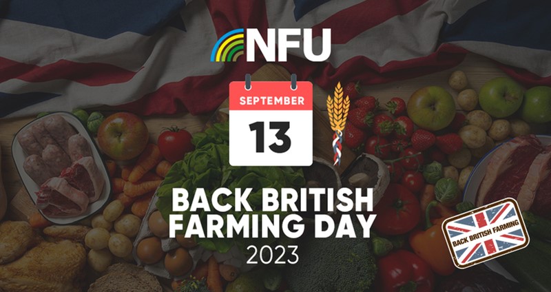 Back British Farming Day is 13 September 2023. Calendar icon set against a backdrop of the British flag and a variety of British produce, including meat, dairy, fruit and vegetables. 