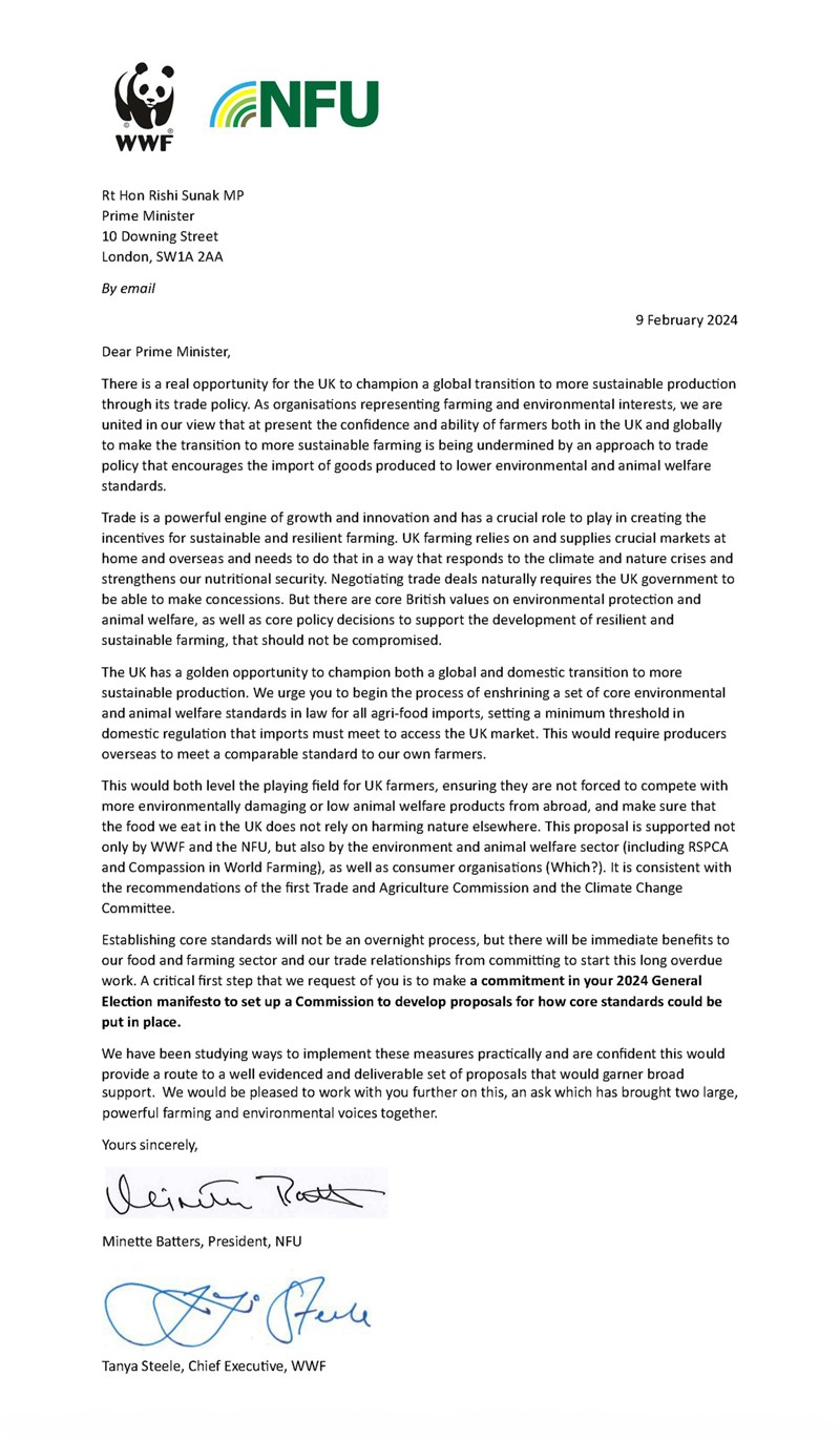 NFU and WWF joint letter on trade policy
