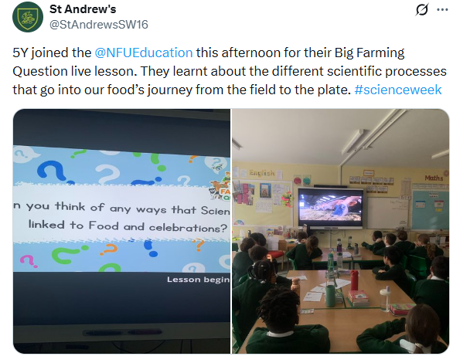 St Andrew's X post about NFU Education's live lessons 2026