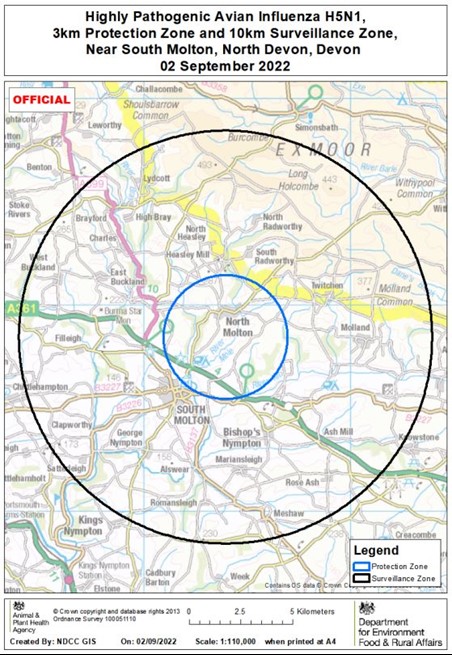3km Protection Zone and 10km Survelliance Zone Nr South Molton, N Devon – 2 Sept 2022