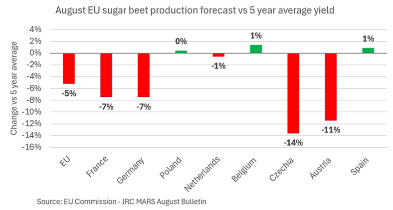 August EU sugar beet production forecast vs 5-year average yield