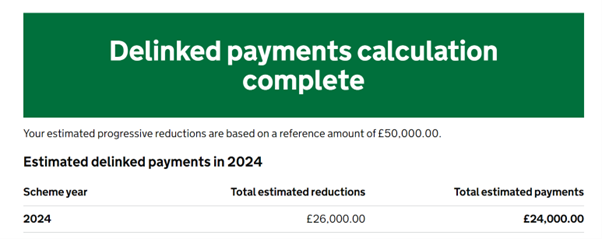 A screenshot of the delinked payments progressive reductions calculator showing an example calculation