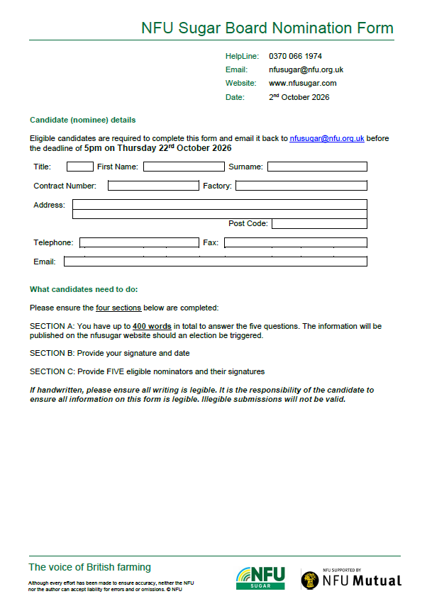 NFU Sugar Board nomination form