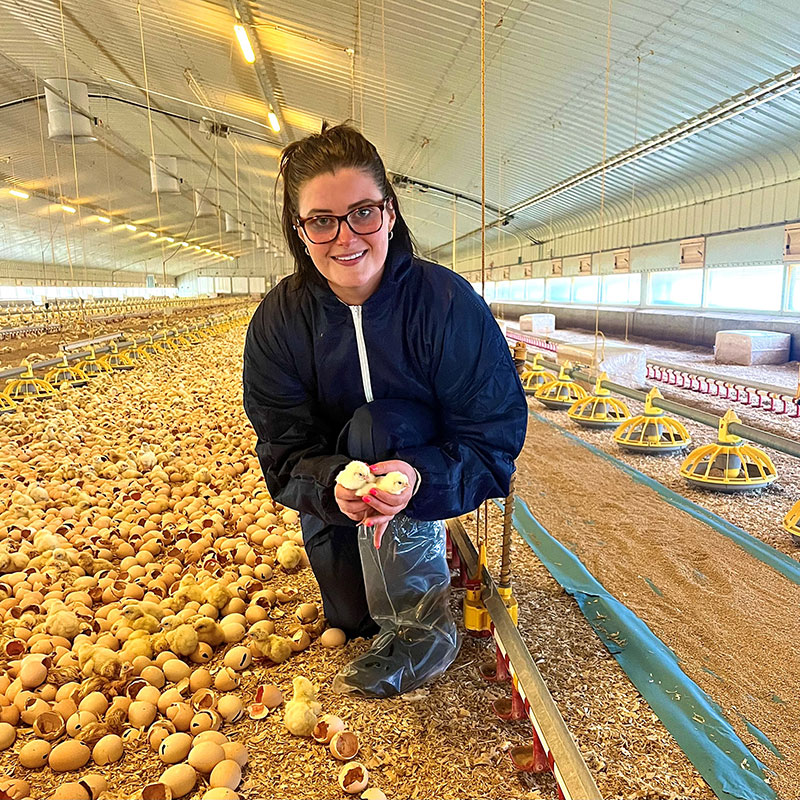 Emily Green, pictured in a broiler holding two chicks