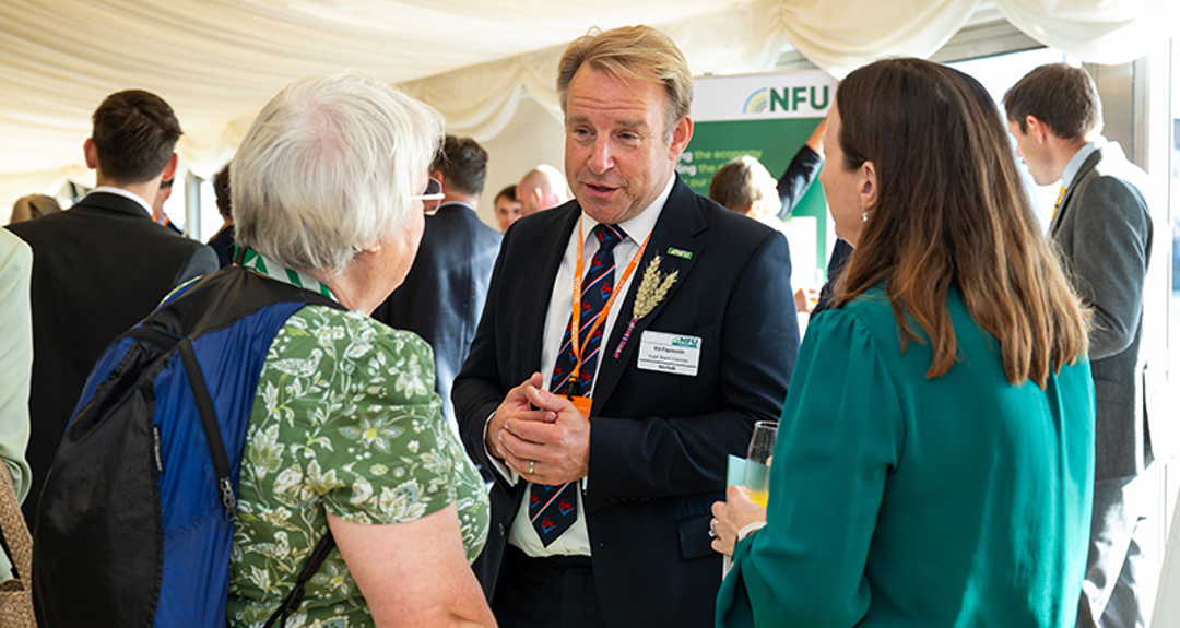 NFU Sugar Board Chair Kit Papworth (Centre) Charlotte Cane MP and NFU Regional Director Zoe Leach OBE