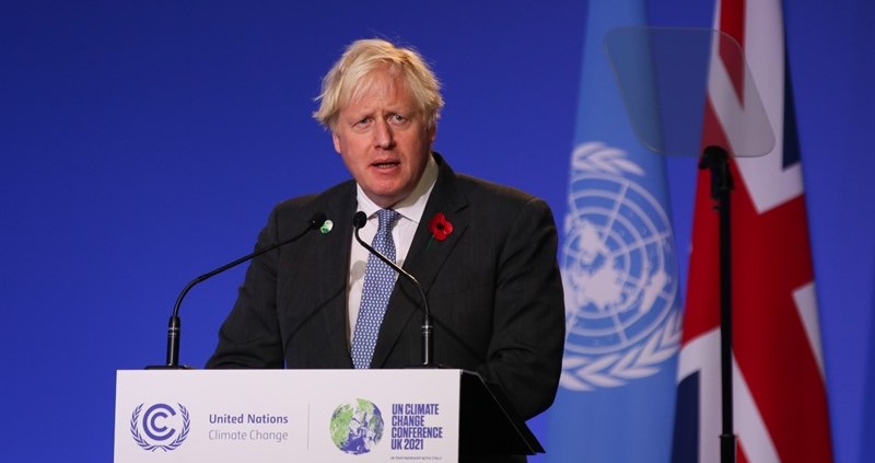 UK Prime Minister Boris Johnson speaking to world leaders at COP26 climate change summit in Glasgow, November 1, 2021