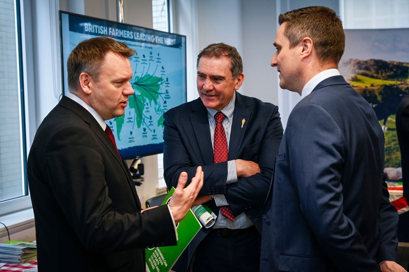 Nick Thomas-Symonds MP, Shadow International Trade Secretary talking to NFU Cymru President Aled Jones and NFU Cymru Director John Mercer.