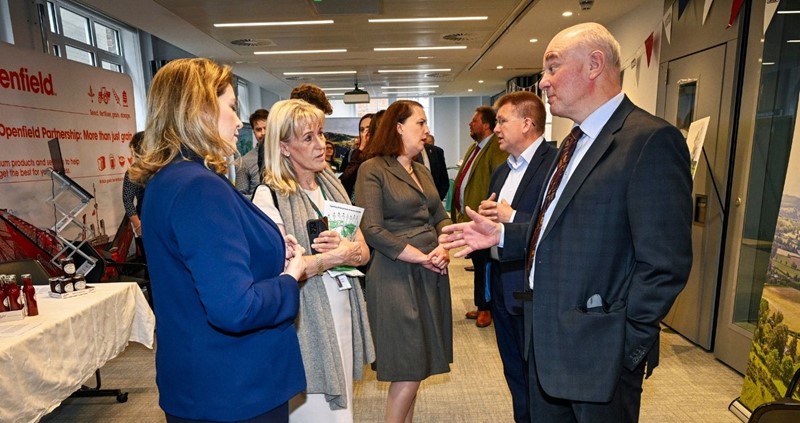 A picture of NFU President Minette Batters speaking with Victoria Prentis and Penny Mourdant at the NFU export stategy launch event
