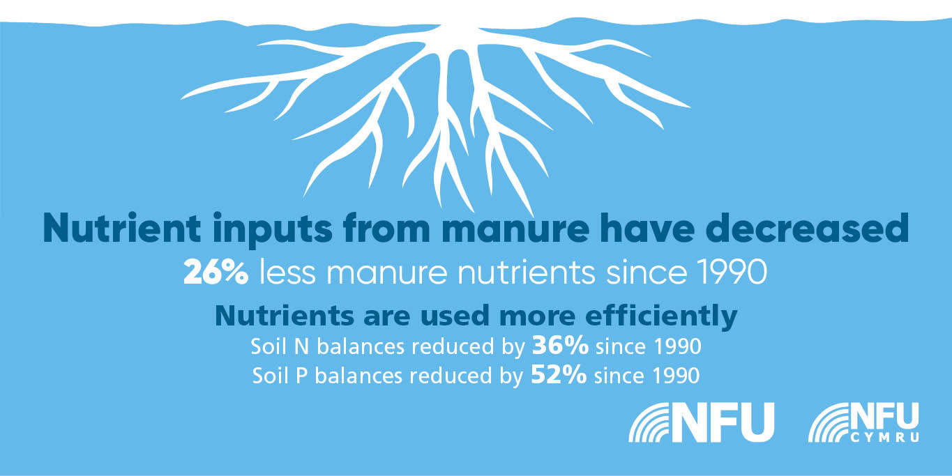 26% less manure nutrients since 1990
Nutrients are used more efficiently
Soil N balances reduced by 36% since 1990
Soil P balances reduced by 52% since 1990
