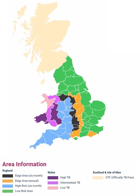 A map of the UK with the TB risk areas labelled.