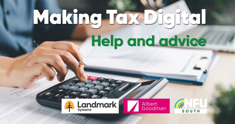 A person using a calculator at a desk with the text: Making Tax Digital help and advice