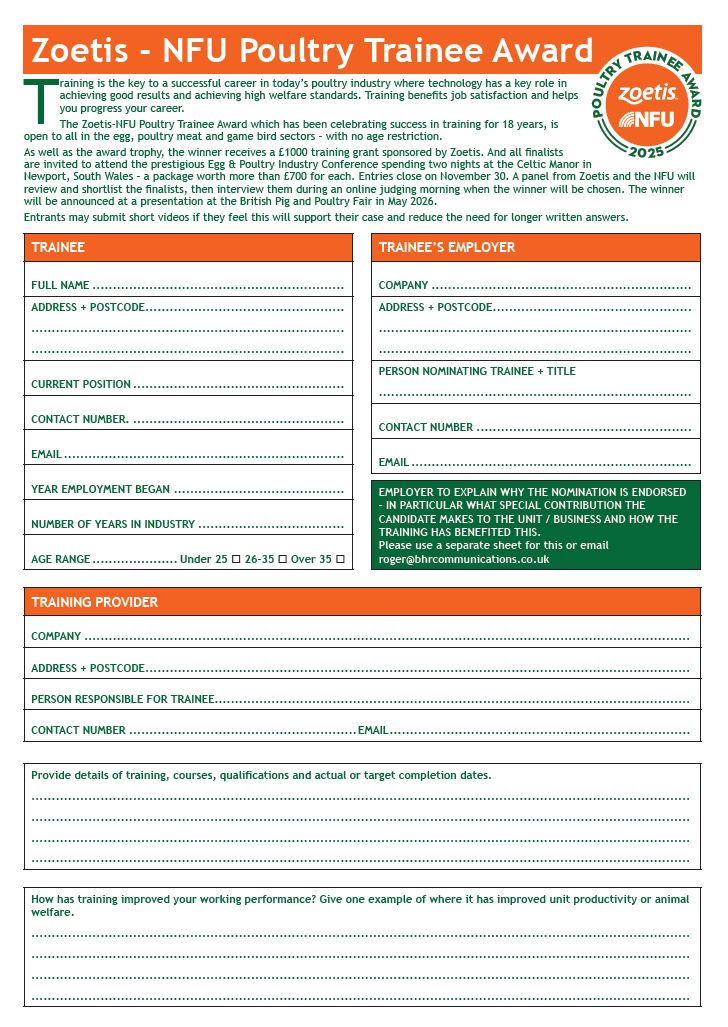 Zoetis-NFU 2025 Poultry Trainee Award nomination form
