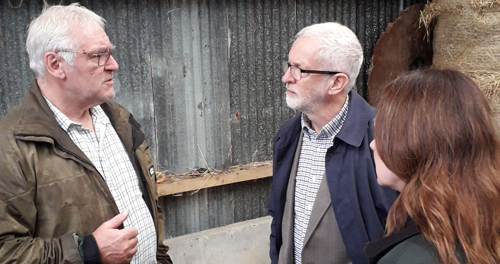 Will Cockbain, Jeremy Corbyn and Sue Hayman on farm in Cumbria