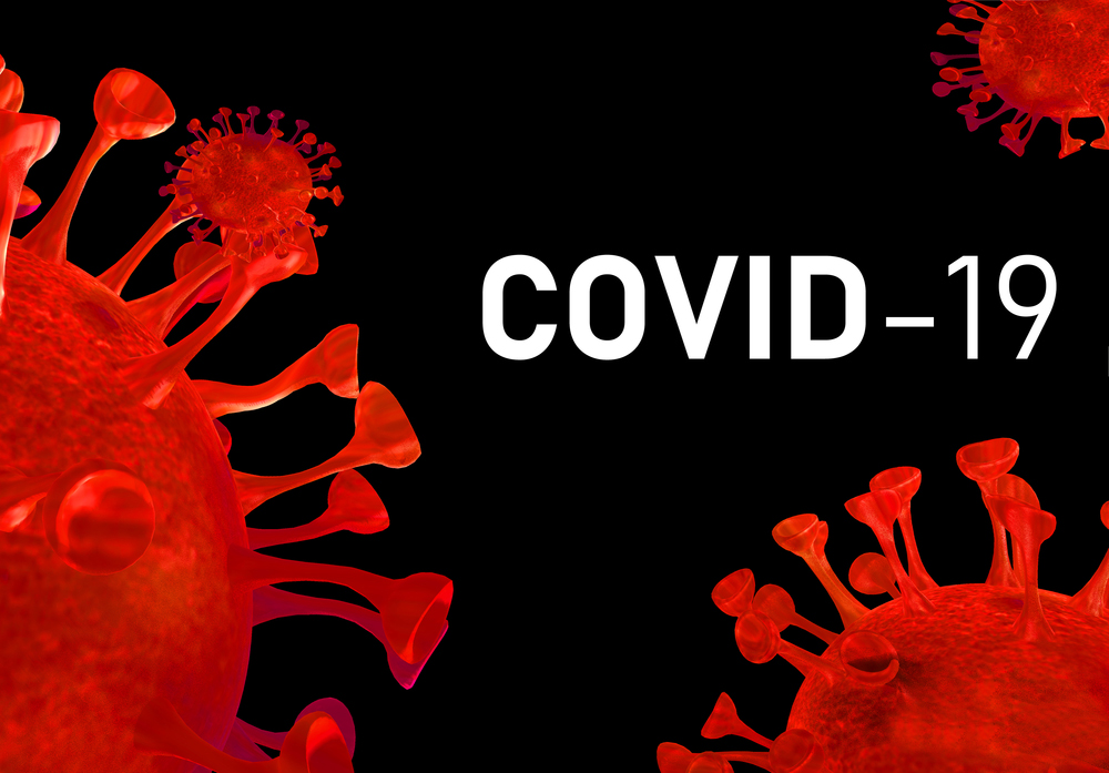 D render VIRUS and the inscription COVID-19.