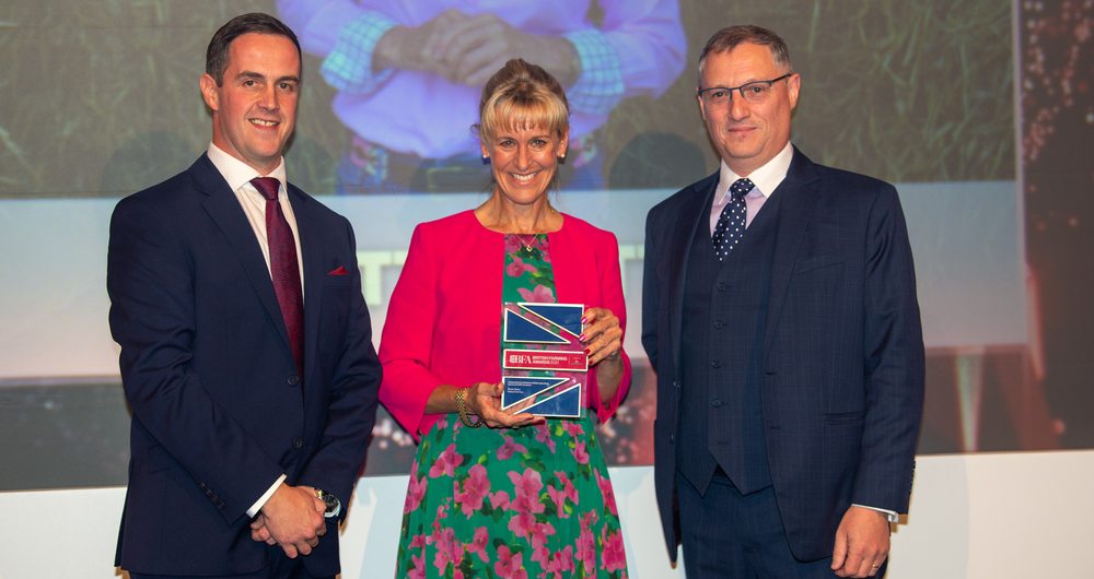 An image of NFU President Minette Batters receiving the Farmers Guardian Outstanding Contribution to British Agriculture Award, October 2021. Image copyright Agriconnect