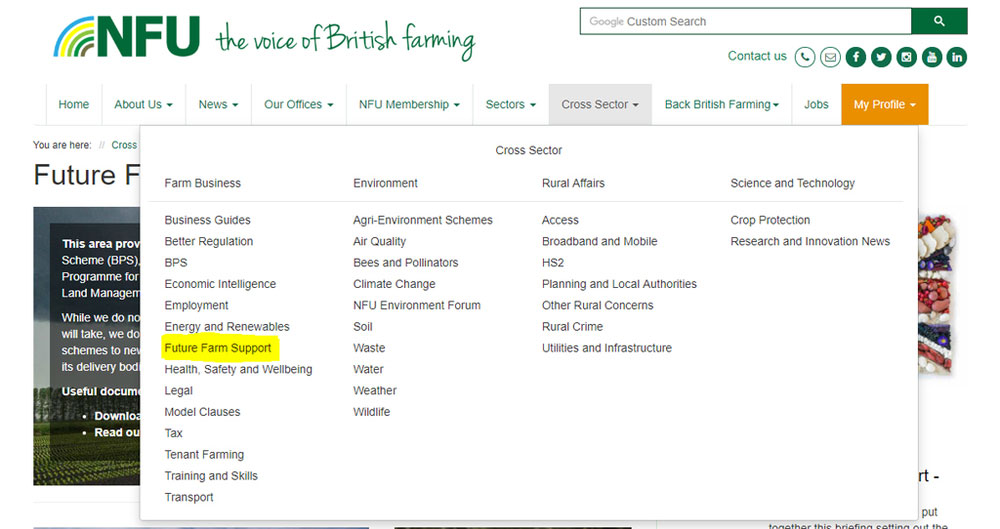 NFUonline navigation showing the Future farm support channel