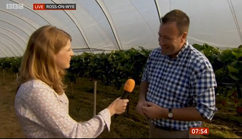 NFU Vice President Stuart Roberts being interviewed by BBC Breakfast on NFU member Anthony Snell's farm, reacting to the publication of the WRAP report