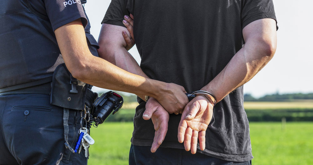 A picture of a police arrest being made on farm.