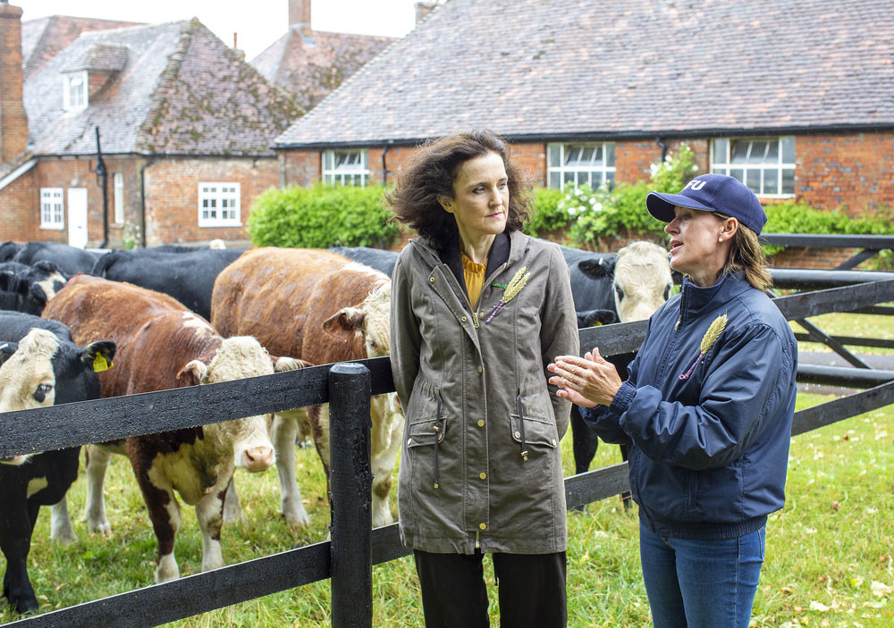 Defra Secretary of State on farm with NFU President Minette Batters in front of livestock wearing Back British Farming pin badges