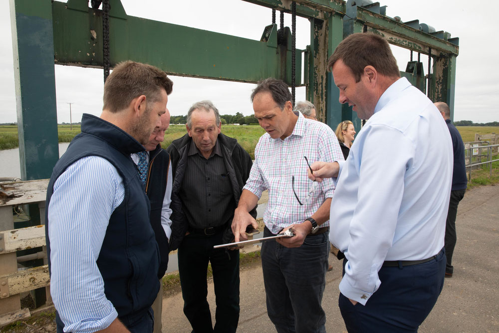 NFU Vice President Stuart Roberts meets NFU members affected by flooding in Wainfleet, Lincolnshire, summer 2019