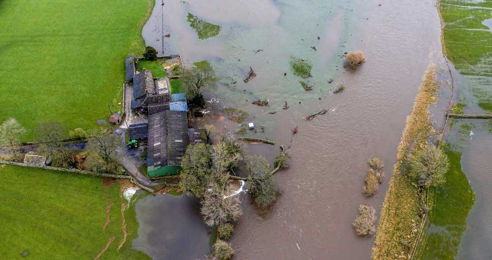 A flooded farm from the air in West Yorkshire during Storm Dennis, February 2020