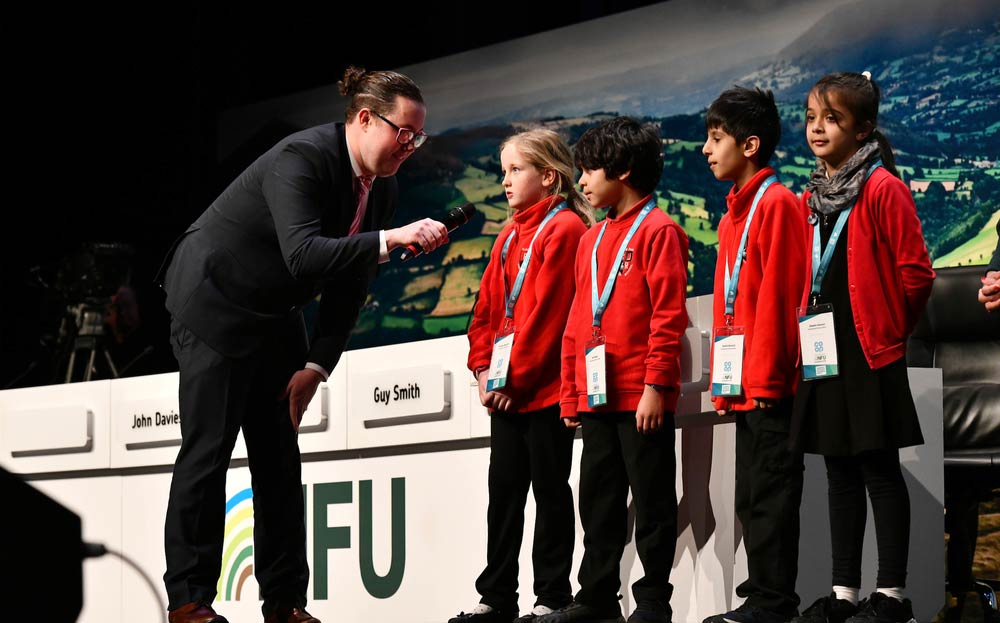 Photos of the education session at NFU conference with Education manager Josh Payne, Education Officer Jennie Devine, Abby Brady Ronald Ross School, Brinder Bains Ronald Ross Primary School, Charlotte Hudson Huh Lowe farms, Alice Montgomerie Student - Quest Professional