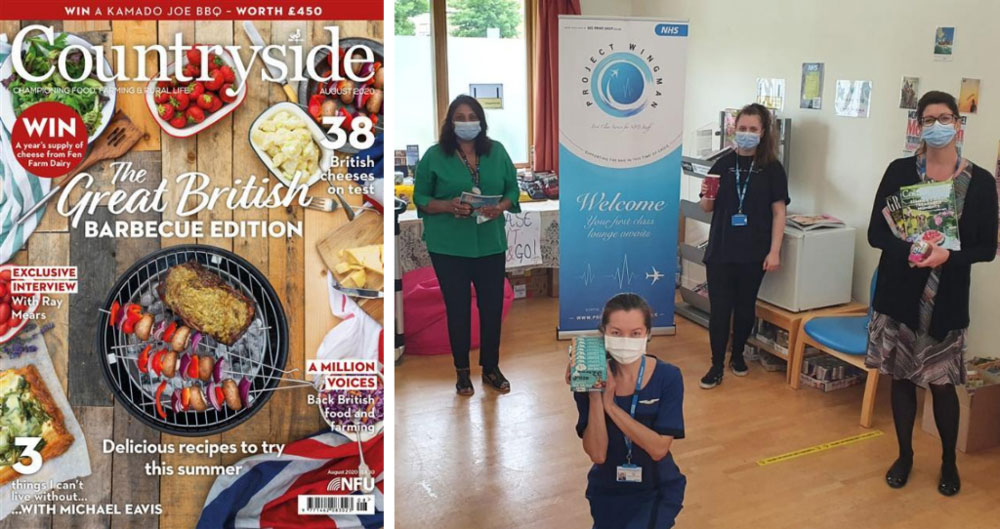 An image of Countryside magazine's August 2020 edition, alongside staff from Hillingdon Hospital  