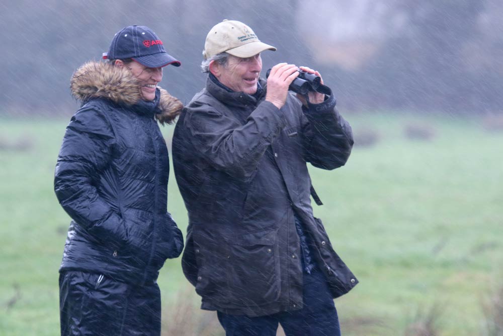 Minette Batters, NFU President, and GWCT's Peter Thompson spot birds in the driving rain