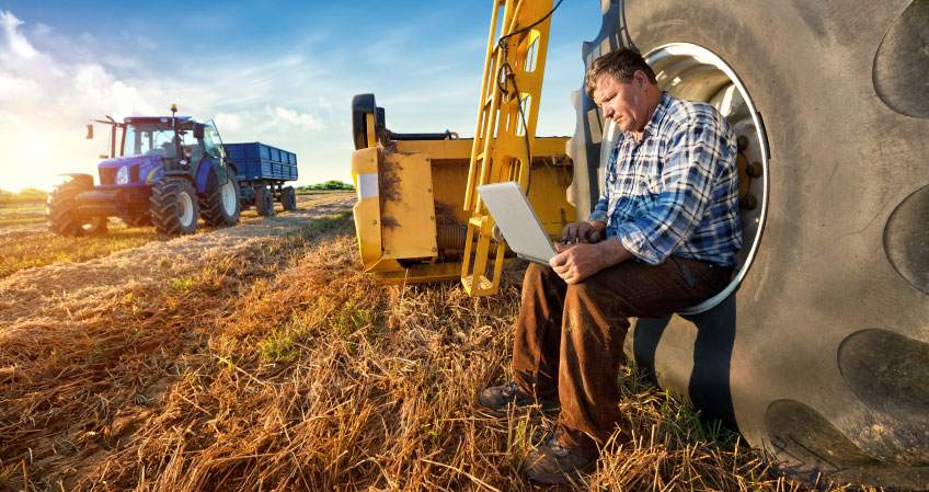 A farmer using a laptop on farm