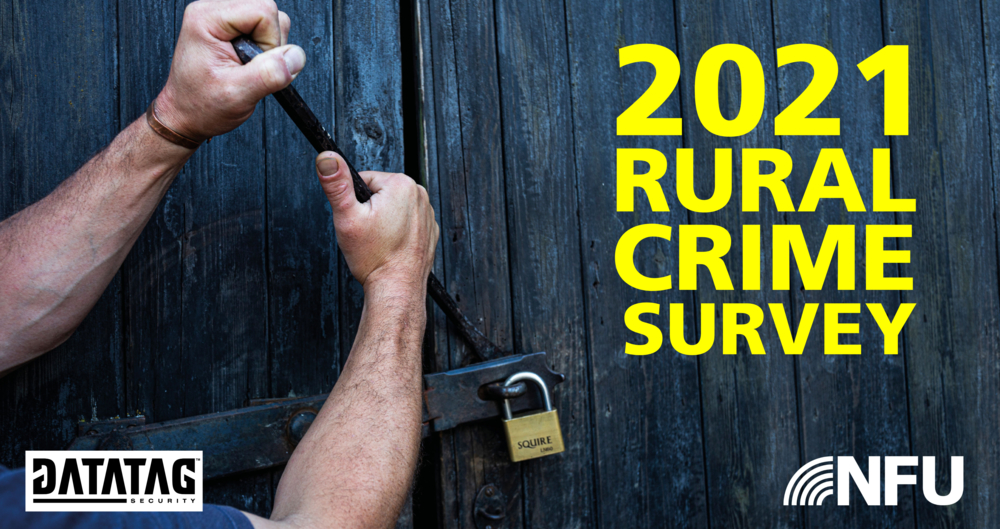 A picture showing someone breaking into a barn with a crow bar. Text over the top reads 2021 Rural Crime Survey